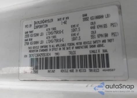 2002 Dodge Ram 2500 St z USA, uszkodzony, nr VIN 3B7KF23642M261814